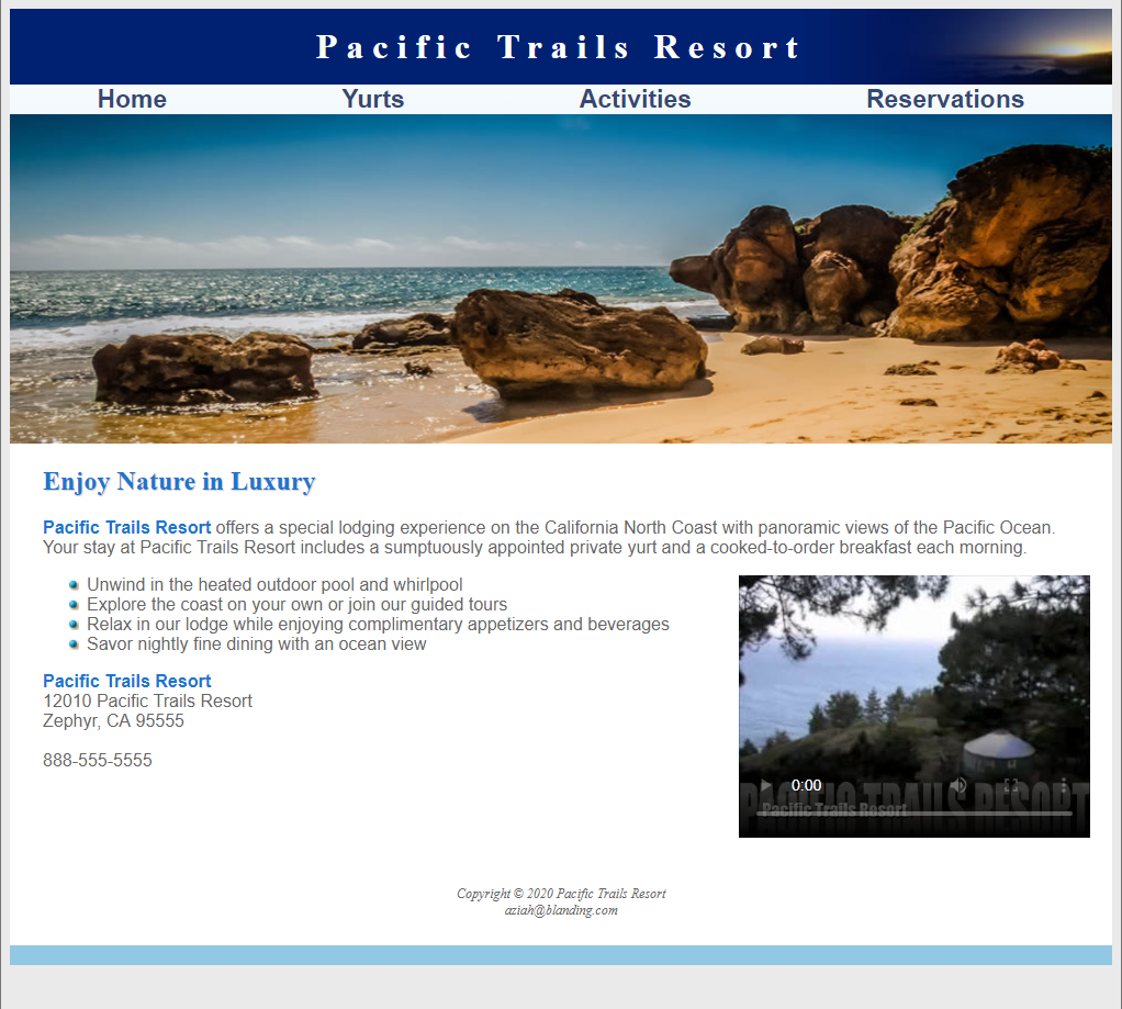 Website for a resort called Pacific Trails